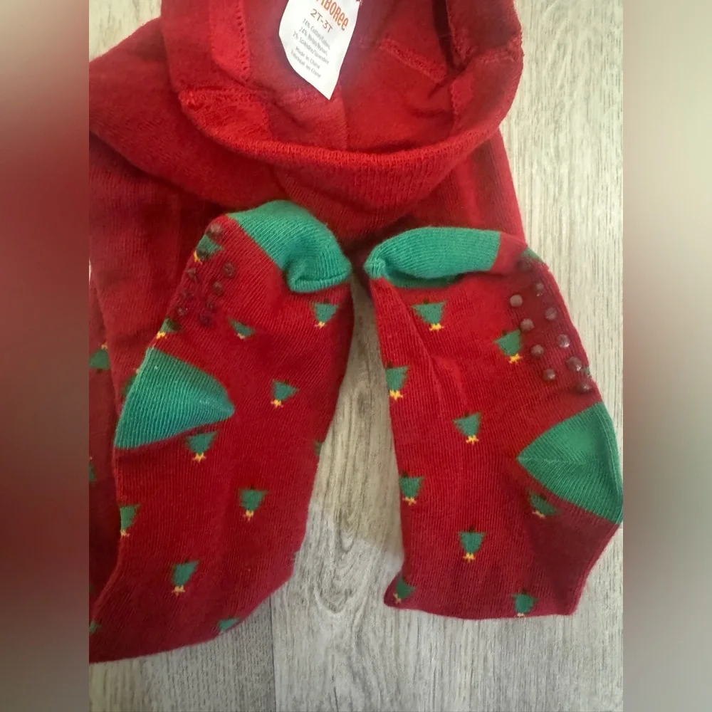 Gymboree Festive Red Tights with Green Tree Accents